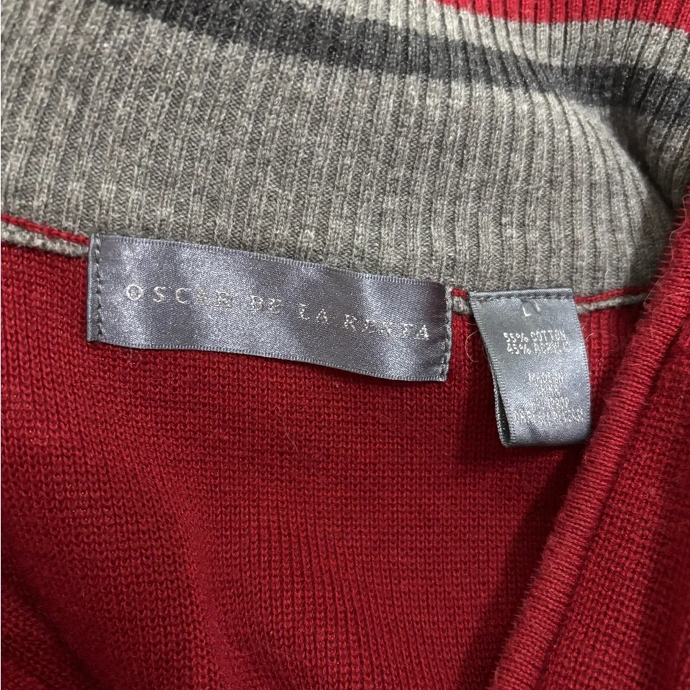 Men's Oscar de la Renta size large three-quarter zips red sweater with gray trim